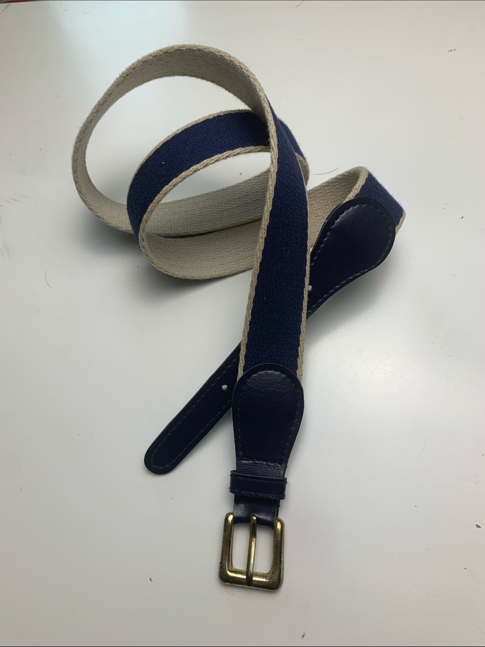 Navy and Cream Woven Belt with Brass Buckle